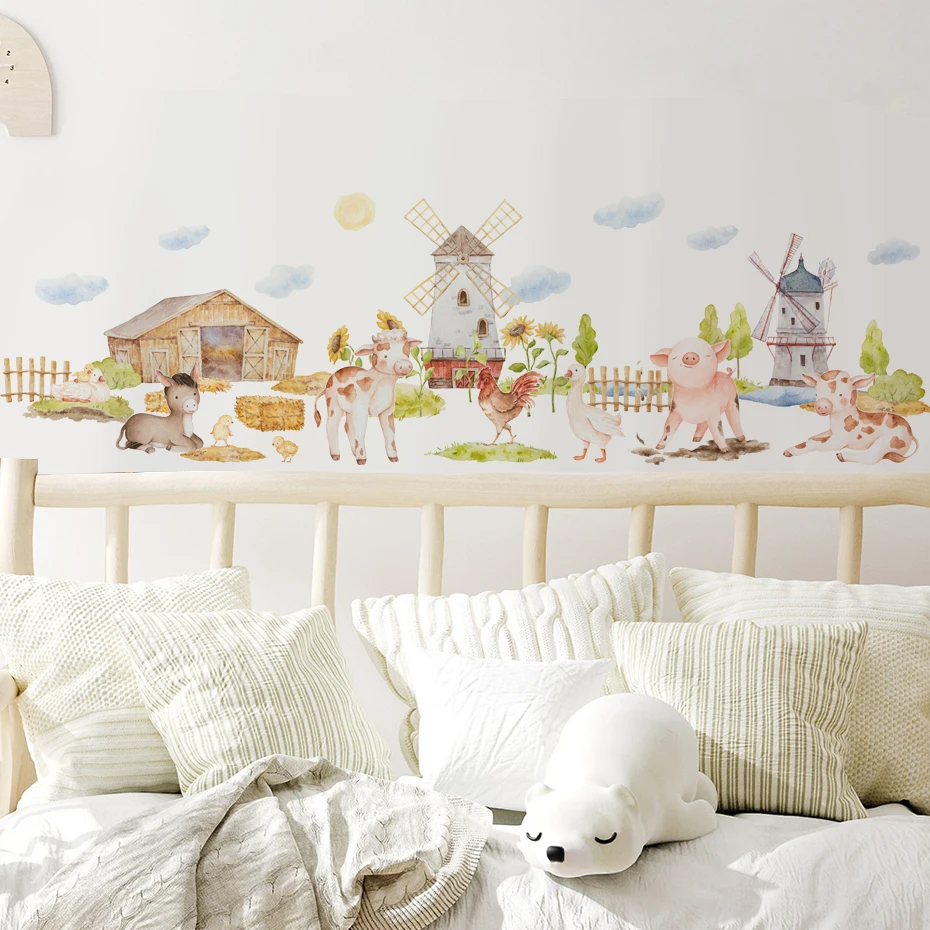 Farm Animals Wall Sticker Watercolor Cow, Pig, Sheep and Wooden House PVC Decoration for Bedroom, Living Room and Hallway