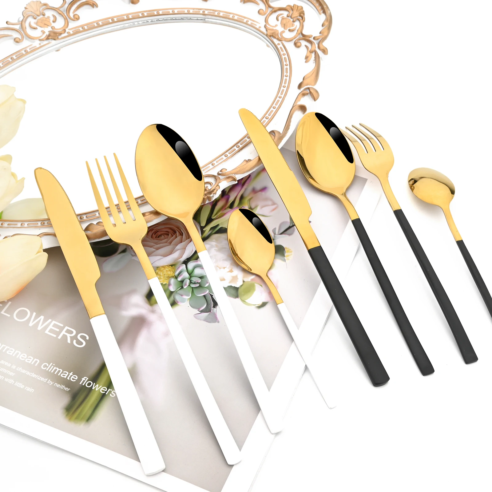 Drmfiy 36Pcs Cutlery Tableware Set Western Stainless Steel Dinnerware Set Kitchen Steak Knife Dessert Fork Spoons Silverware Set