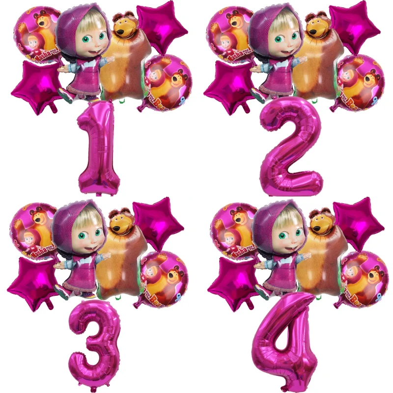 Globos de Cumpleaños de Masha y los Osos, Juego de 7 Piezas, Globos de Aluminio para Niños, Adornos de Globos con Número, Decoración para Fiestas, Regalo