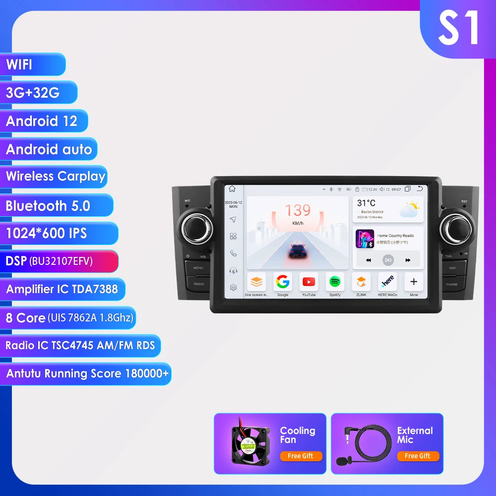 OSSURET 1Din 8G 128G Carplay Android 14 autoradio voor FIAT Grande Punto Linea 2007-2012 GPS multimediaspeler navigatie 7862