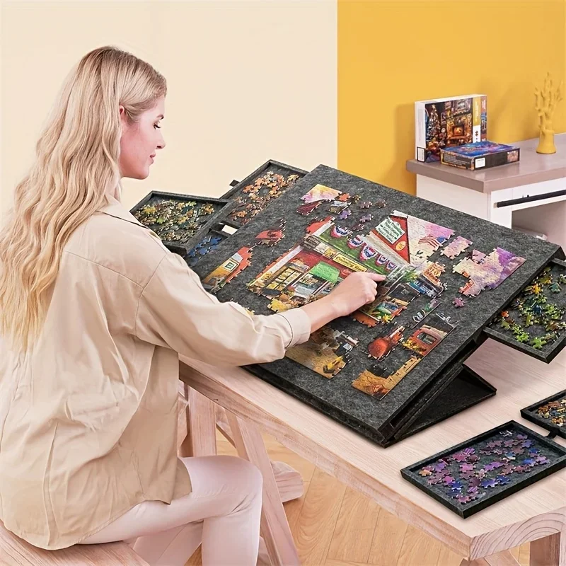 6-Drawer 1500pcs Jigsaw Puzzle Table, Felt Board with 6pcs Drawers, Tilting 2-in-1 Stand & Cover, Lightweight Portable for Gift