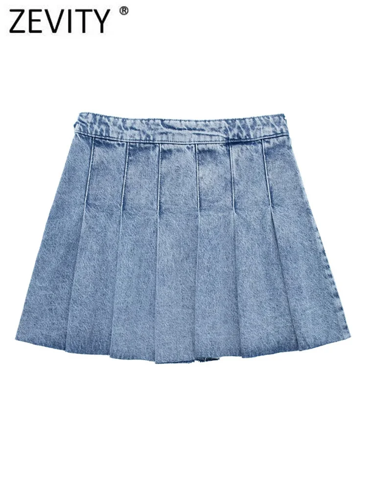 Zevity New Women Fashion Wide Pleats Casual Denim Skirt Faldas Mujer Female Chic Side Button Zipper Fly Mini Vestidos QUN3726