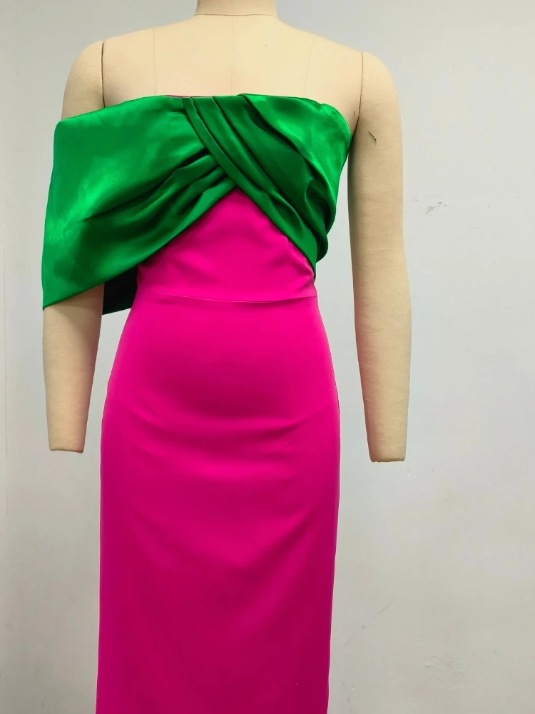 Sexy Women Colorblock Pleated Bodice Evening Party Dress Off-Shoulder High Waist Slimming Spliced Irregular Dress Bodycon Gown
