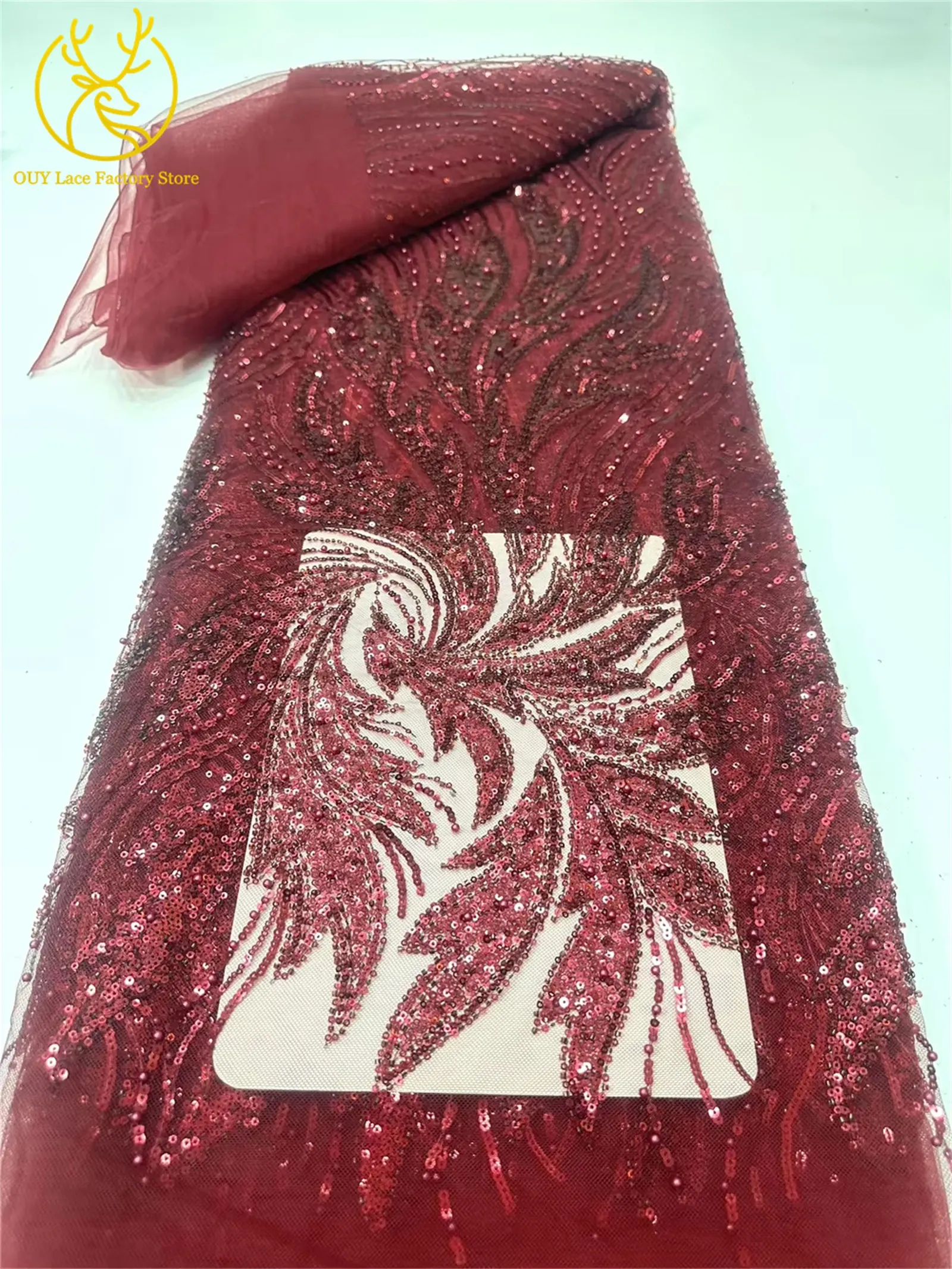 Luxuriöser Afrikanischer Bräutigam Perlenverzierter Tüll-Spitzenstoff Goldene Französische Pailletten-Spitze 5 Meter Nigerianischer Stoff für Brautkleider – Detail 18