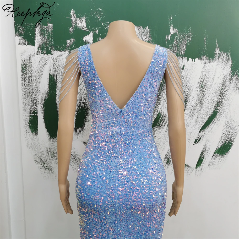 2024 Long Mermaid Baby Blue Evening Dress Side Split V Neck Stretched Sequin Wedding Party Women Formal Gowns For Prom In Stock