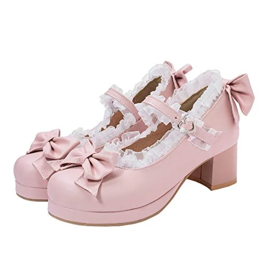 

LUXMAX Women Kawaii Mid Block Heel Mary Jane Rockabilly Pumps with Bow Platform Chunky Heel Cute Sweet Shoes