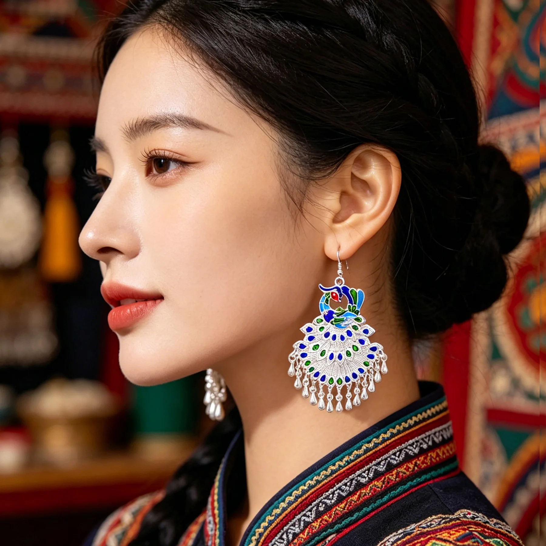 Vintage Traditional Miao Silver Long Pendant Earrings for Women Ethnic Bridal Wedding Statement Drop Oil Peacock Jewelry Gift