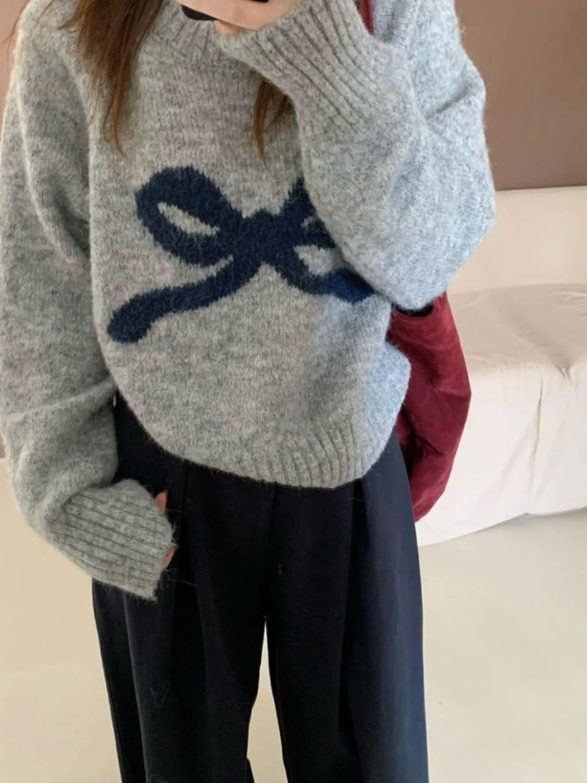 

Sweet Spring Autumn Knitted Sweater Women's Overhead Long Sve Top Knot Versatile ort Sle Commute Faion