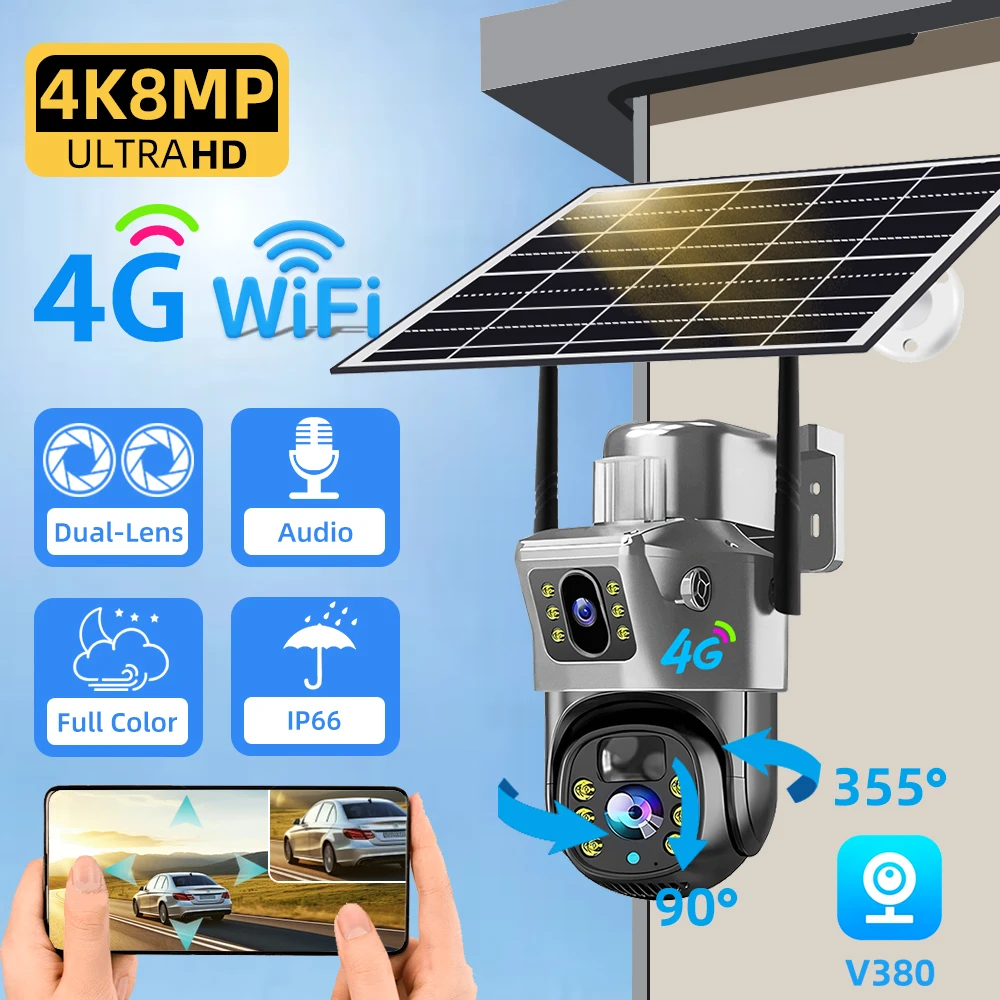 

Уличная камера видеонаблюдения V380 PRO 8MP 4G с автоматическим отслеживанием, ночным видением 4K, двумя объективами и PIR-датчиком для защиты и безопасности