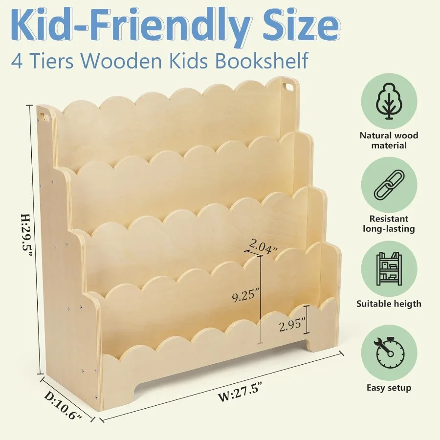 Estante de madeira recortada de 4 camadas para quartos, estante inspirada em montessori, ideal para crianças, berçário de bebês e clas