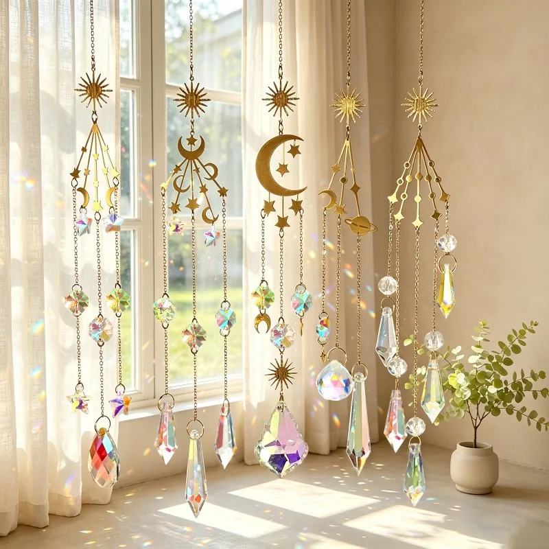 2D Flat Celestial Moon Star Sun Crystal Suncatcher Window Hanging Prism Rainbow Light Catcher Boho Aesthetic Wind Chime Ornament