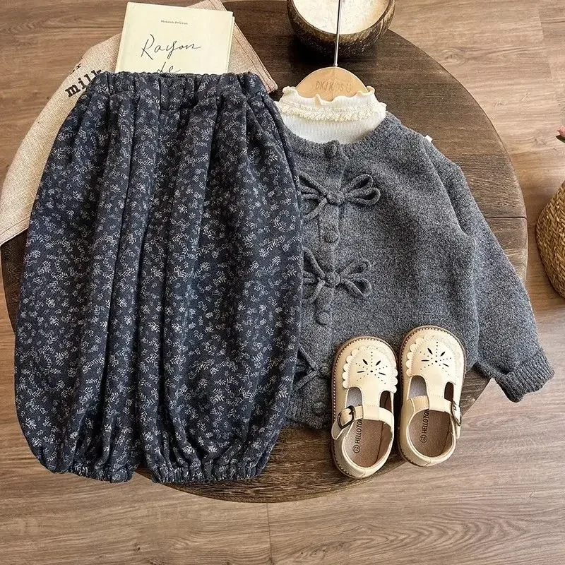 2024 New Spring and Autumn Forest Girls Velvet Foreign Three-Piece Set Baby Girl Floral Simple Loose Casual Pants Children Set