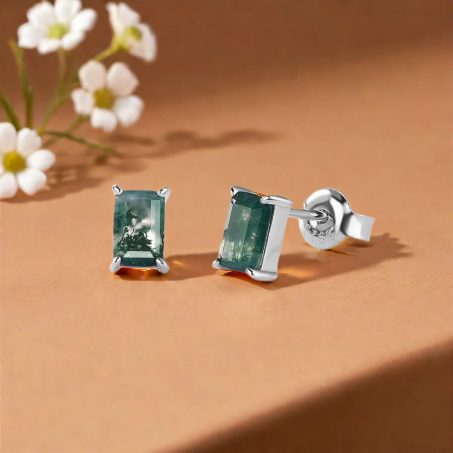 

Women's Dainty Emerald Cut Moss Agate Earrings Sterling Silver Natural Green Gems Stud Earrings for Gift Party