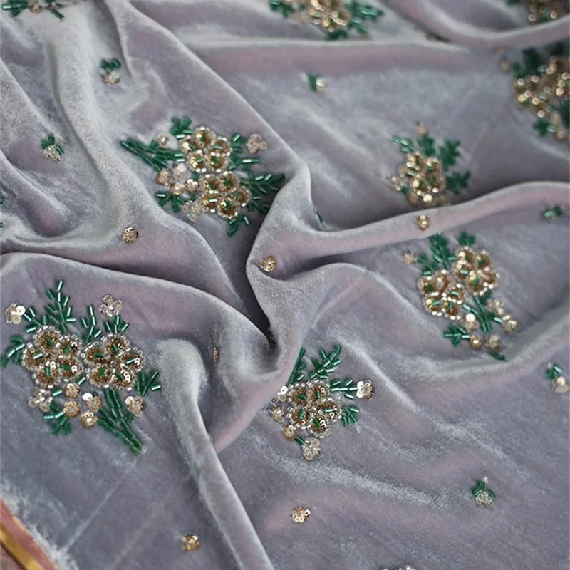 135cm Width Light Purple Silk Velvet Fabric Heavy-duty Sequins Nail Bead Embroidery Qipao Jacket Luxurious Mulberry Silk Fabric