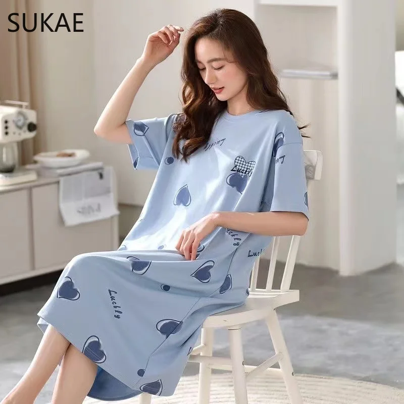 SUKAE Plus Size M-5XL Woman Nightdress Summer Women Sleepshirt 100% Polyester Milk Silk Short Sleeves Sleep Top Casual Sleepwear