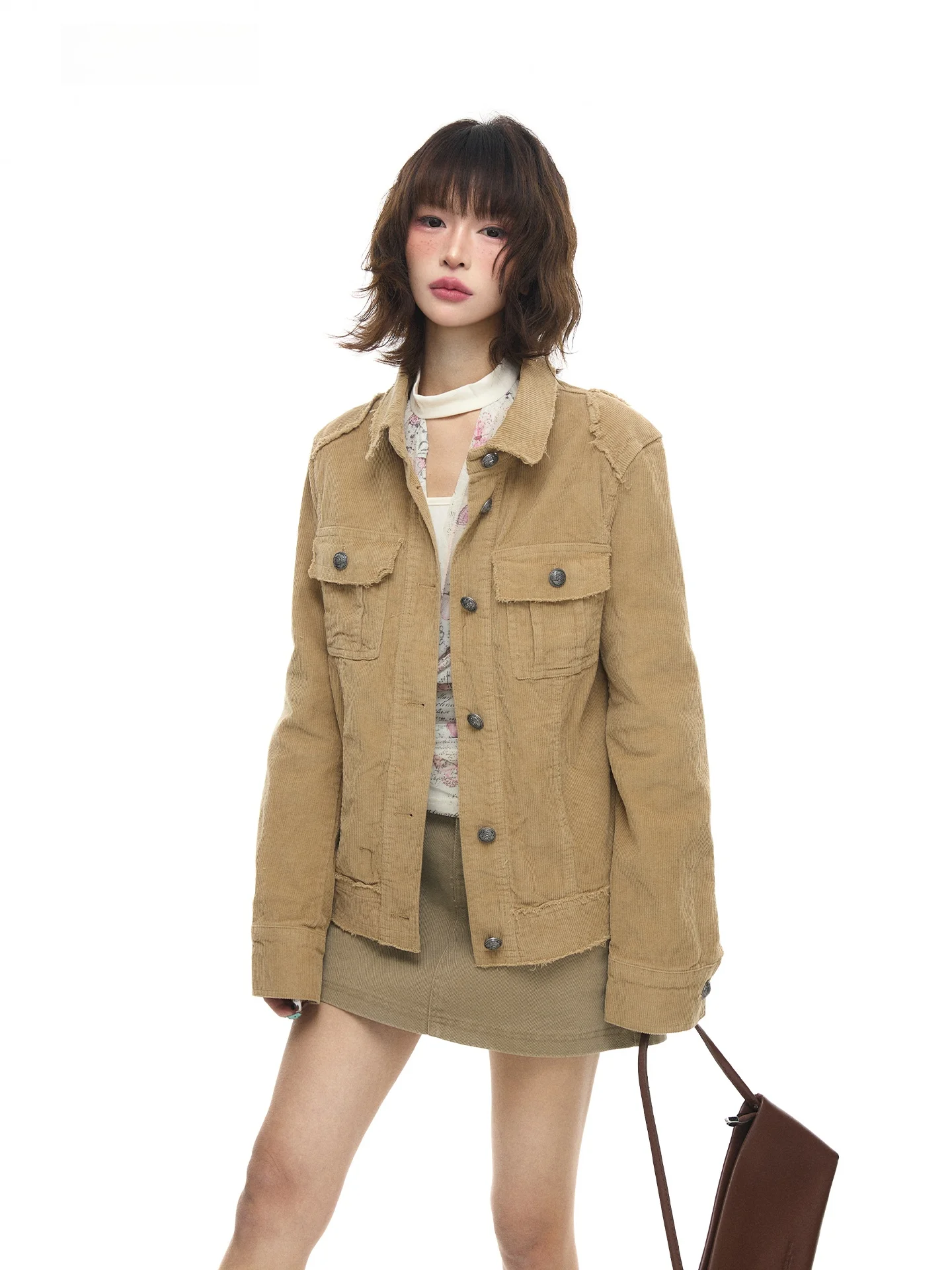 

Astrsk Vintage Sle Women's Slim Fit Corduroy Jaet with Frayed Hem Long Sve Mid-Length Button-Up Casual Coat