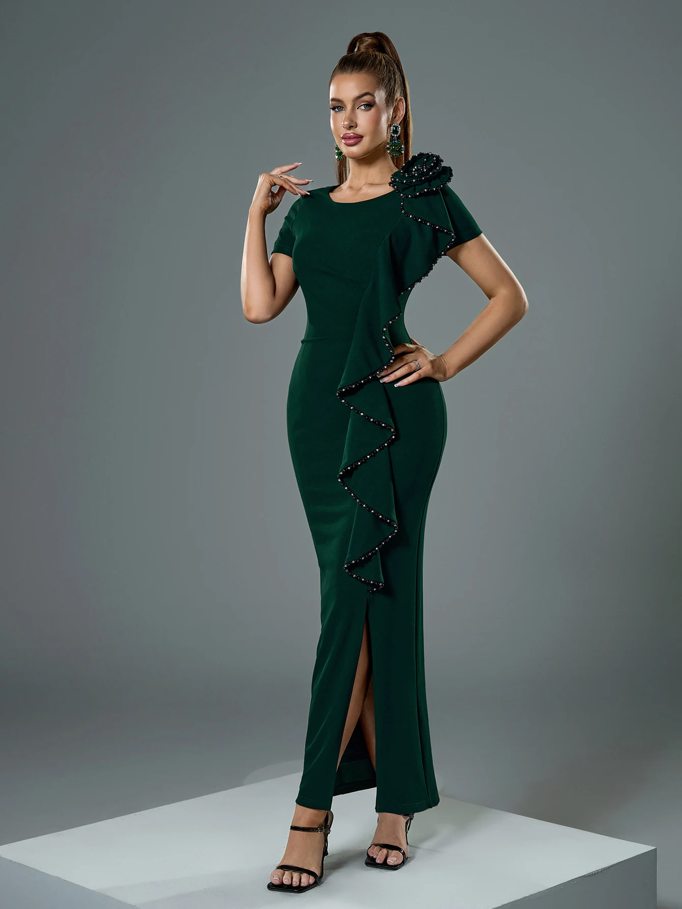 UNITHORSE جولة الرقبة قصيرة الأكمام مزين الأزهار 3D الدانتيل هملين سليم صالح ثوب أنيق مفتوح سبليت مساء اللباس #1