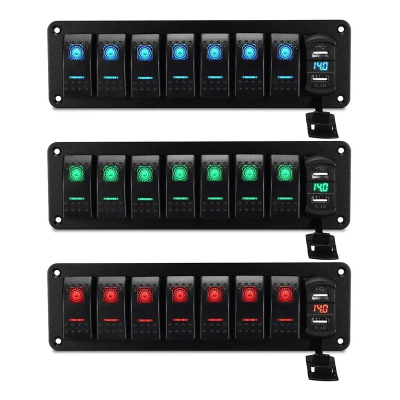 Car Waterproof Marine Boat Rocker Switch Panel 8 Gang 12V/24V Circuit Breaker Dual USB Slots Light Button-Boom