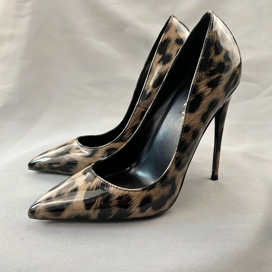 Leopard Patent Leather Sexy Women'S Pumps Stiletto Heels Pointed Toe Party Shoes Women'S Heeled Shoes Plus  Size 34-45