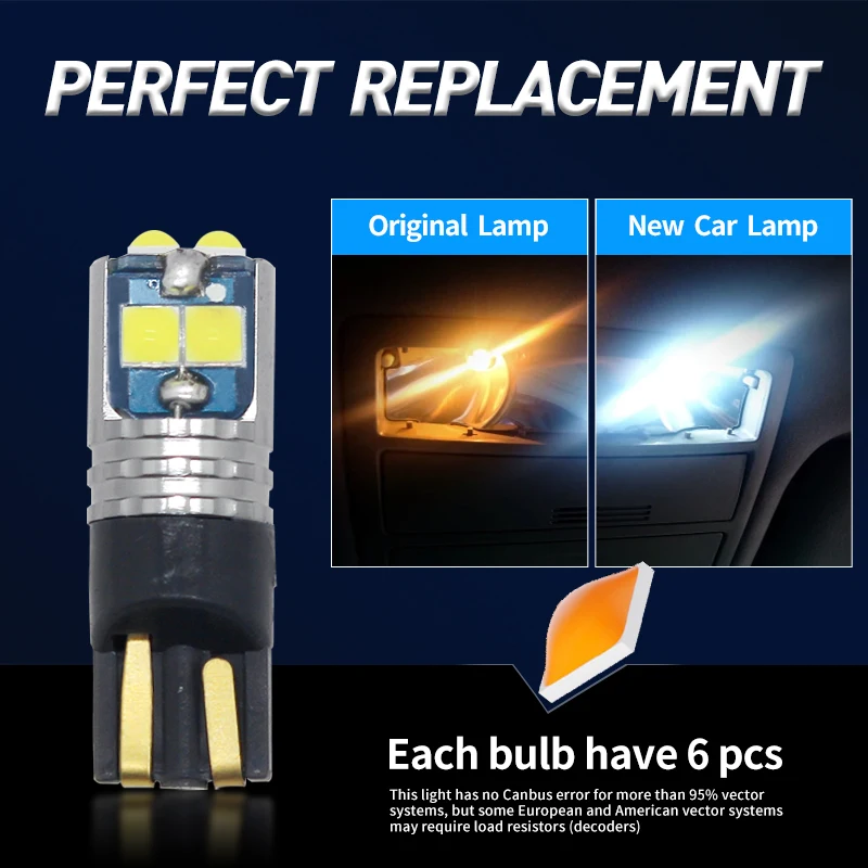 2/4/10Pcs Canbus T10 LED Super Bright 194 168 W5W BA9S 3030 6SMD Parking Lamp Car Interior Dash Instrument Lights Amber White