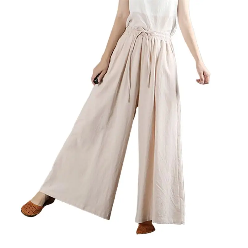 

Autumn Women Cotton Line Vintage Style Pants Retro High Waist Trousers Casual Women Wide Leg Pants Pantalones de mujer