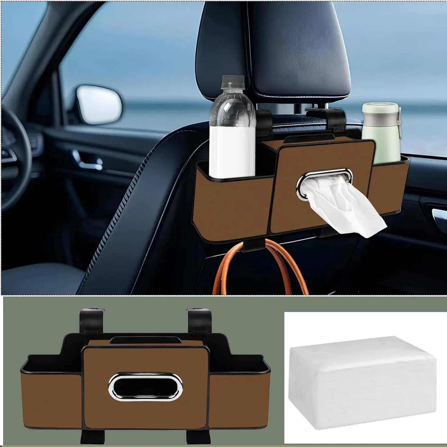 Car rear seat storage bag with tissues, car seat rear tissue box and storage hook, multi-functional car storage bag