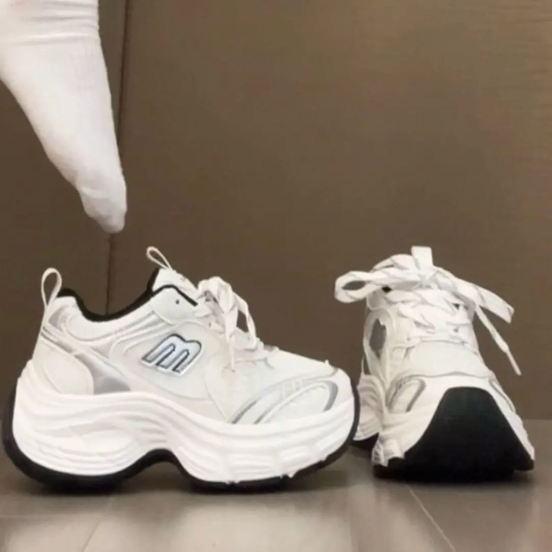 

Zhaolu Small Size Dad Shoes Women's Spring Autumn New Thick Bottom Heightening Sports Shoes Casual Style Lace-Up Rubber Sole