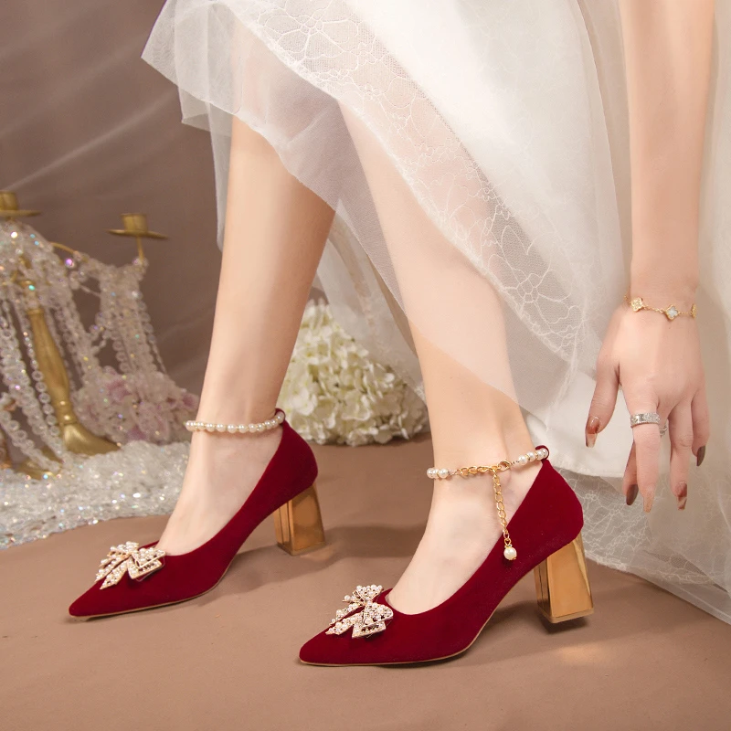 Red Pearl Bowknot Wedding Party Shoes for Women String Bead Thin Heels Pumps Ladies Ankle Strap Pointed Toe High Heels Shoes