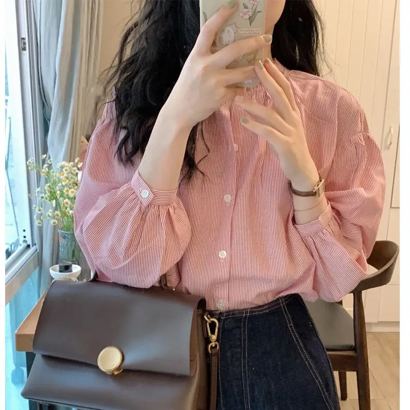 Women's Stand Collar Single Breasted Puff Long Sleeve Loose Fit Wrinkle Resistant Breathable Versatile Casual Daily Blouse Shirt