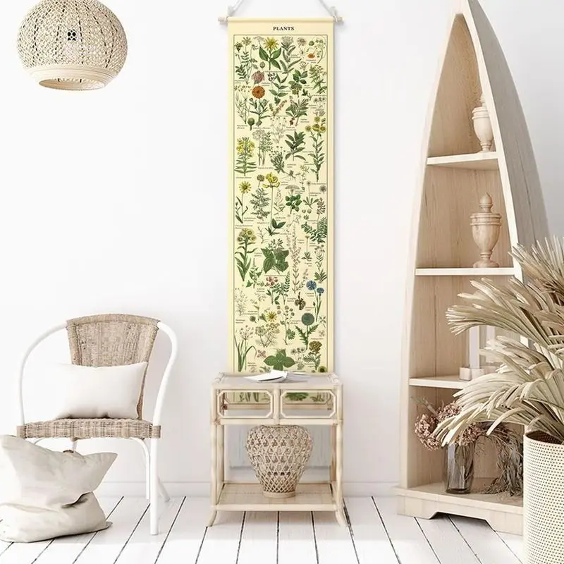 VIKAMA Vintage Plant Chart Tassel Scroll Tapestry Botanical Herb Polyester Wall Hanging Boho Aesthetic Bedroom Dorm Home Decor