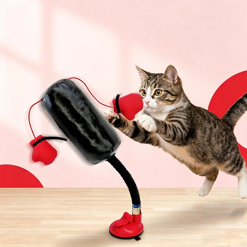 Interactive Cat Boxing Toy Punching Bag Suction Cup Base Self-Standing Play Gym for Kittens Stress Relief & Scratch Training