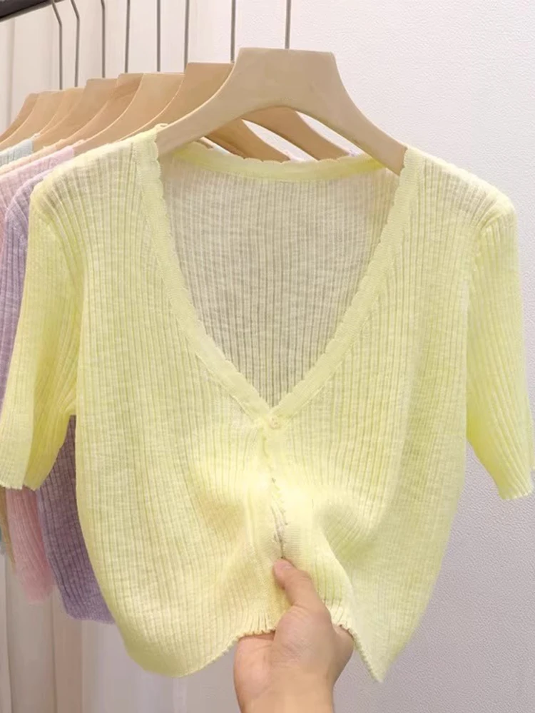 

Ice Silk Thin Knitted ort Sve Open Cardigan Women's Casual Sle Loose Fit UV Protection Spring Faion Outerwear