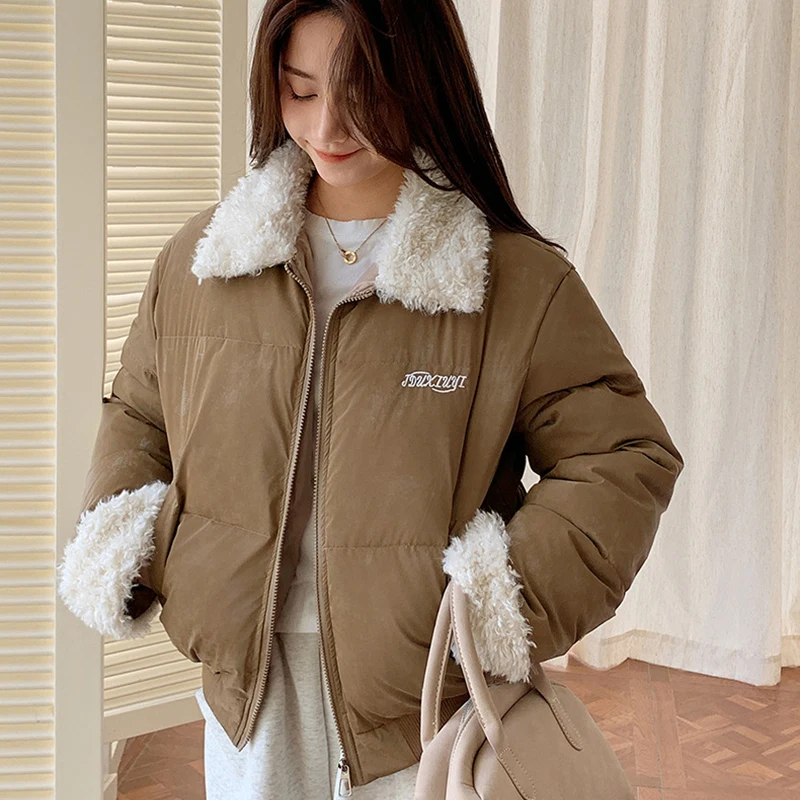 

Faux Lamb Wool Cropped Parkas Coat Women Korean Letter Embroidery Waist Cinched Winter Jacket Chic Lapel Vintage Quilted Coat