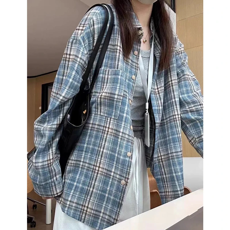 

Blue Plaid Long Sve Casual irt Women's Spring Summer 2025 New Sle Korean Version Loose Fit Cotton Blend Ne