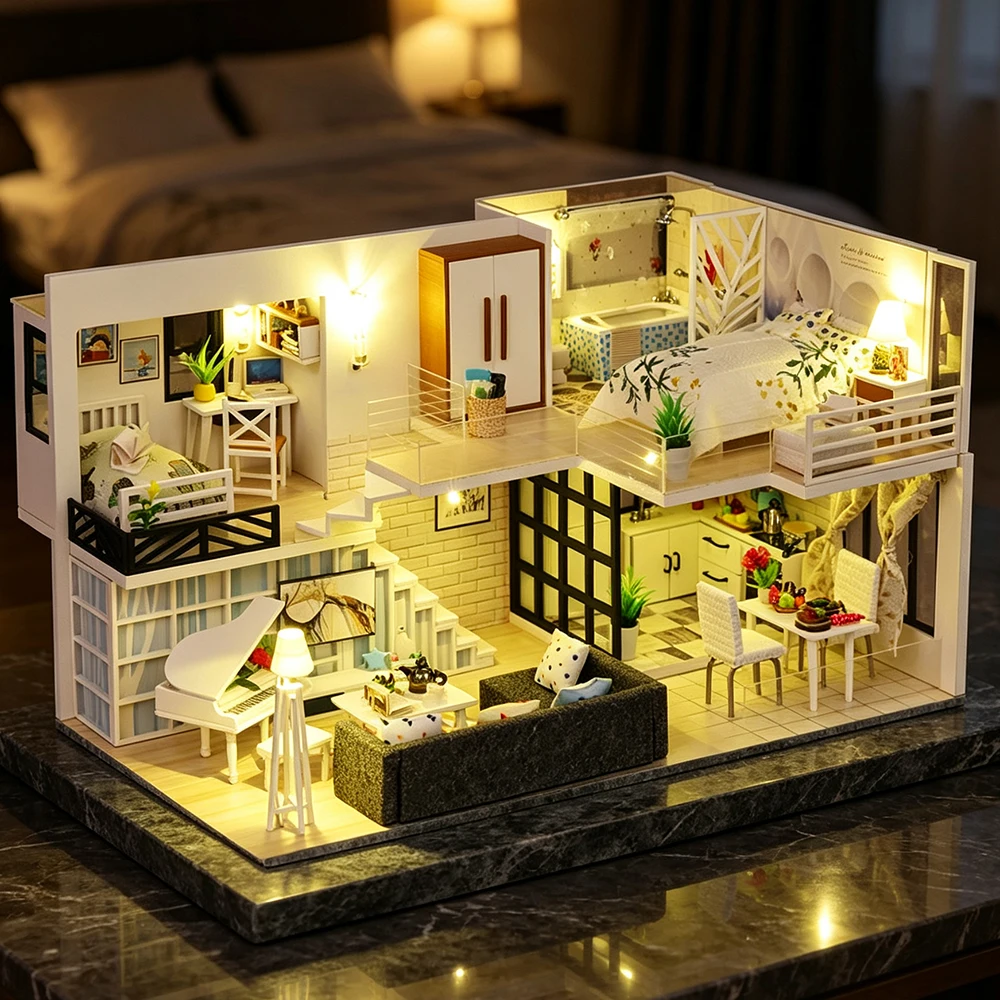 DIY Wooden Doll House Mini Loft Duplex Apartment Kit, Handmade Assembly Model Creative Craft Decoration Gift for Teens Adults