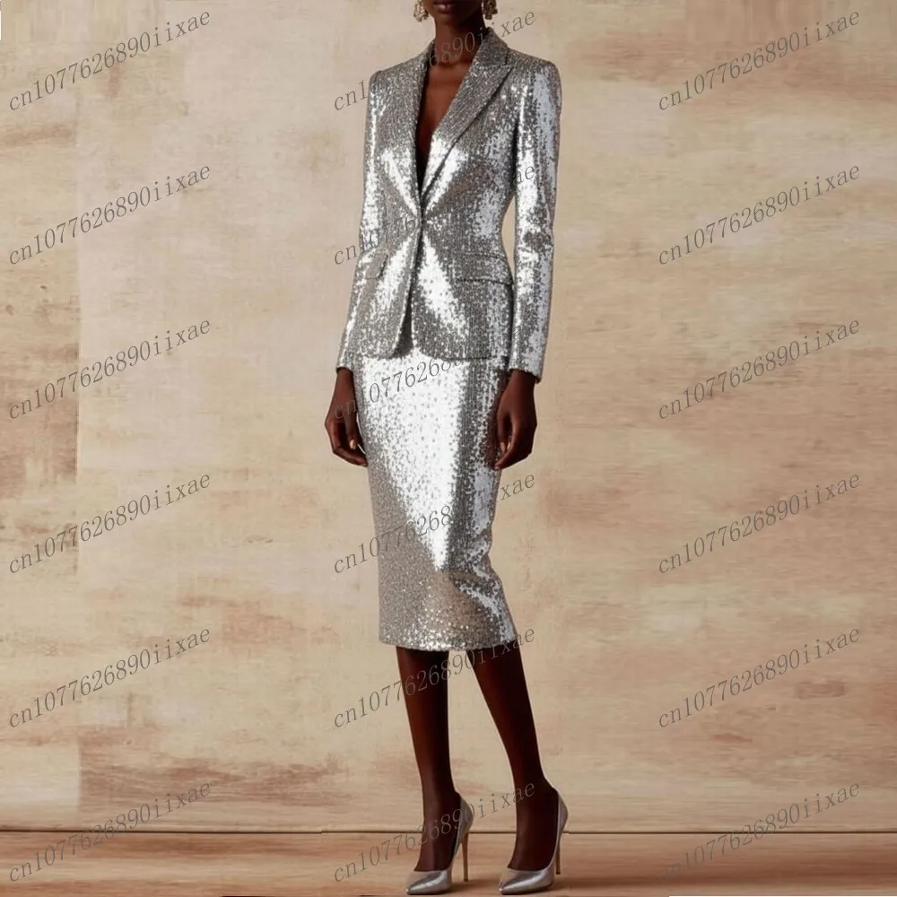 

New Silver Sequin Blazer Skirt Women Suits Lady Formal Business Tuxedos Mother Wedding Party Ladies 2 Piece Set Jacket Skirt