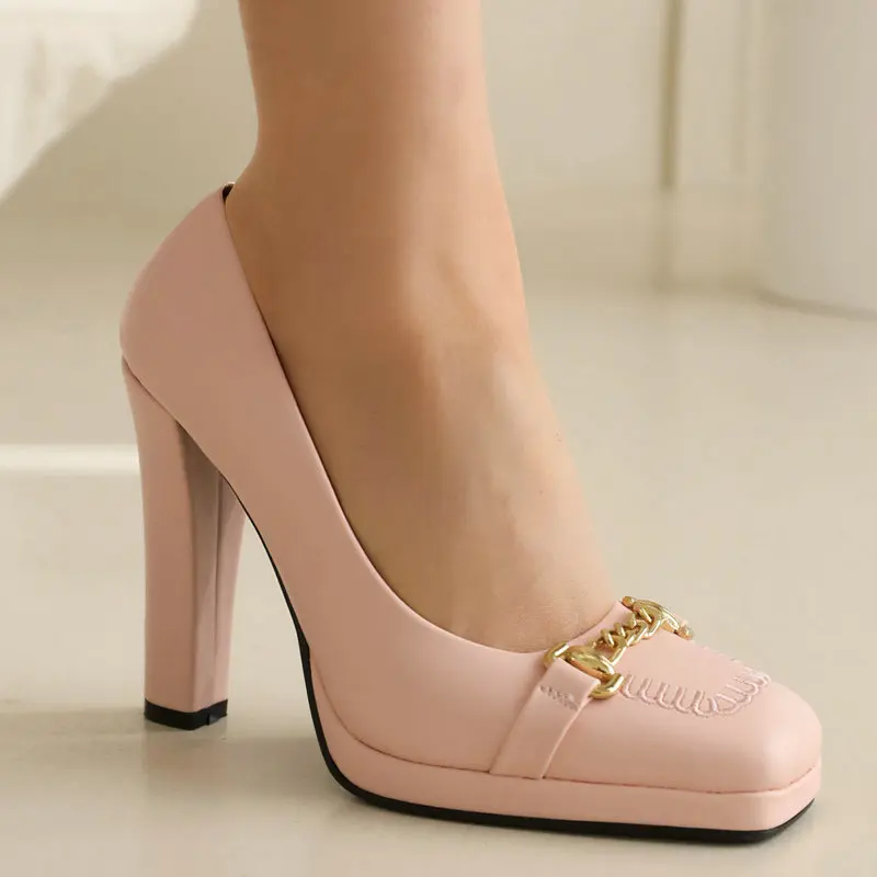 

Big Size 34-43 Pink Color PU Leather Women Pumps Office Lady High Heeled Shoes With Metal Chain Career Stilettos Platform Heels