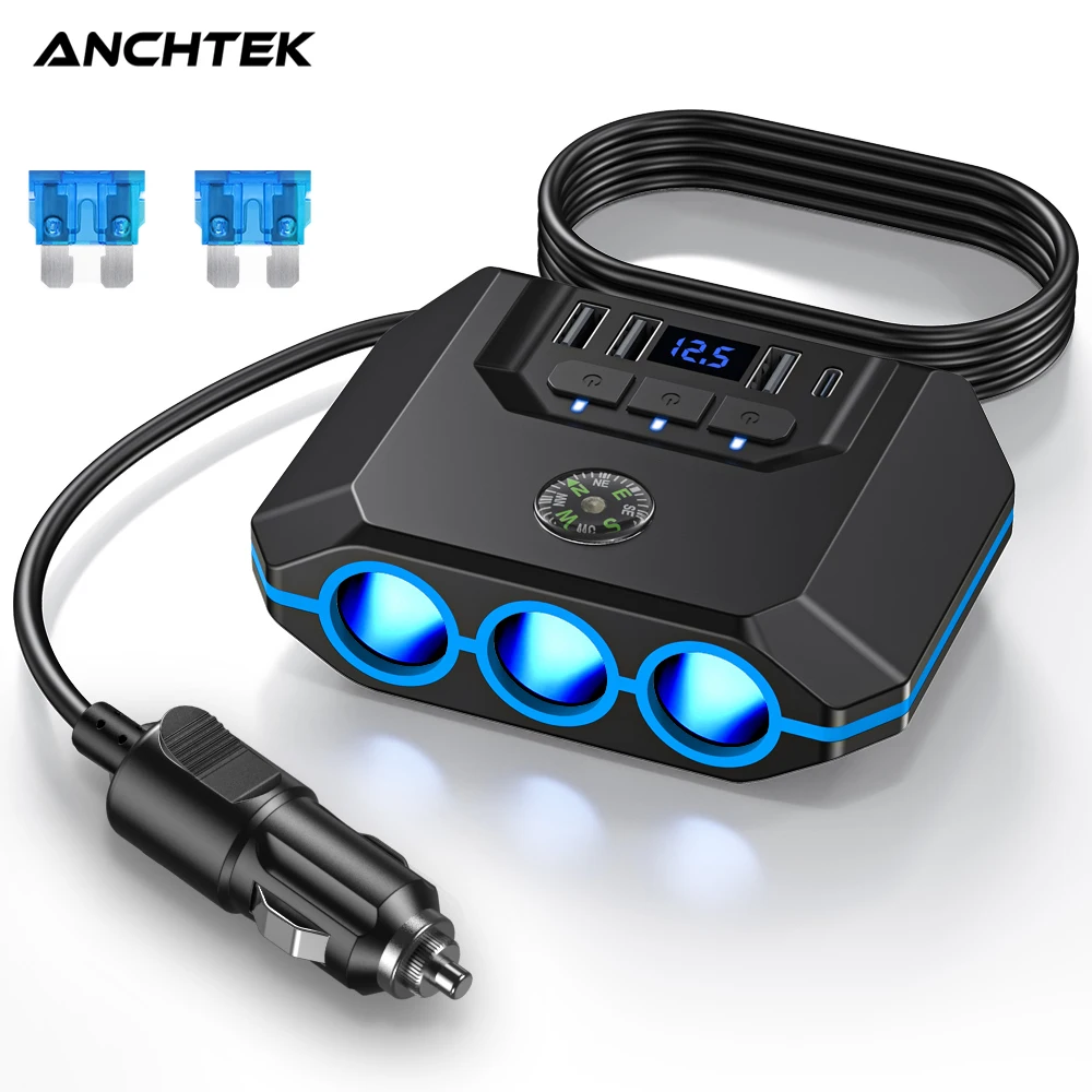 Anchtek 120W Car Cigarette Lighter Adapter USB Fast Charger Splitter Multinational Socket Ports LED Voltmeter Auto Accessories