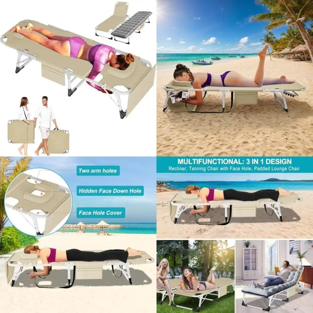 

Sun Tanning Chair 3-in-1 Oversized Folding Chaise Lounge with Mat, Pillow, Face Hole, 5-Position Adjustable for Beach and Outdoo