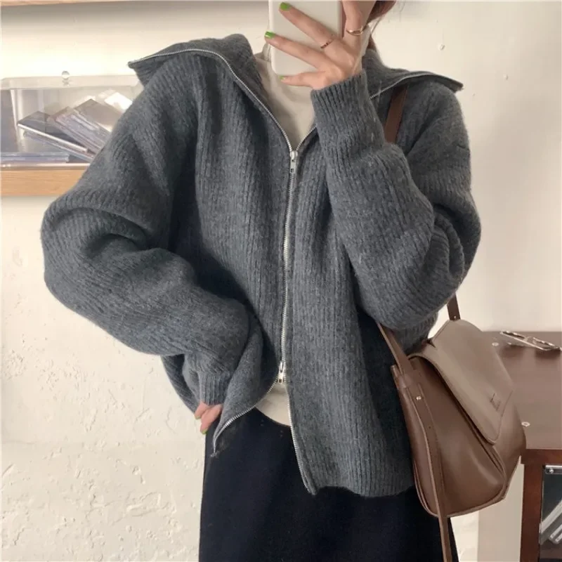 Womens Zip Up Long Sleeve Open Front Knit Cardigan Sweater Coats Female Knitwear Jackets