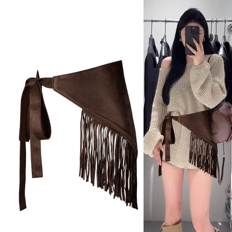 Tassels Irregular Long Wide Waist Belt for Women Self Tie Wrap Around Sash Dress Belts Black Brown Obi Boho Waist Belts