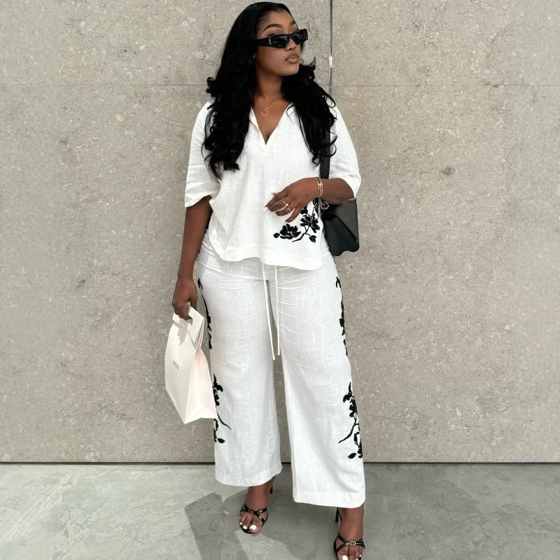 African Fashion Women Turn Collar Print Top Long Pants Set Polyester 100 Loose Fit