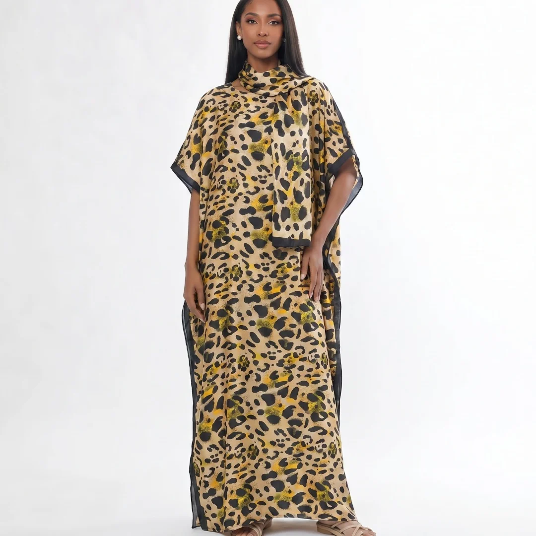 Women Modest Two Piece Outfit Grey Ginkgo Marble Printed Kaftan Short Sleeve Loose Long Robe Islamic Wear Matching Hijab Scarf
