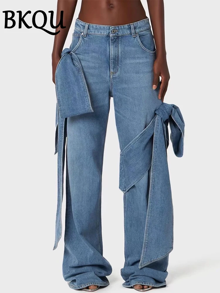 BKQU Denim Pants Set Women 2024 Designer Outfits Bows Spaghetti Straps Corset Tank Tops and Wide Leg Straight Jeans 2 Piece Sets