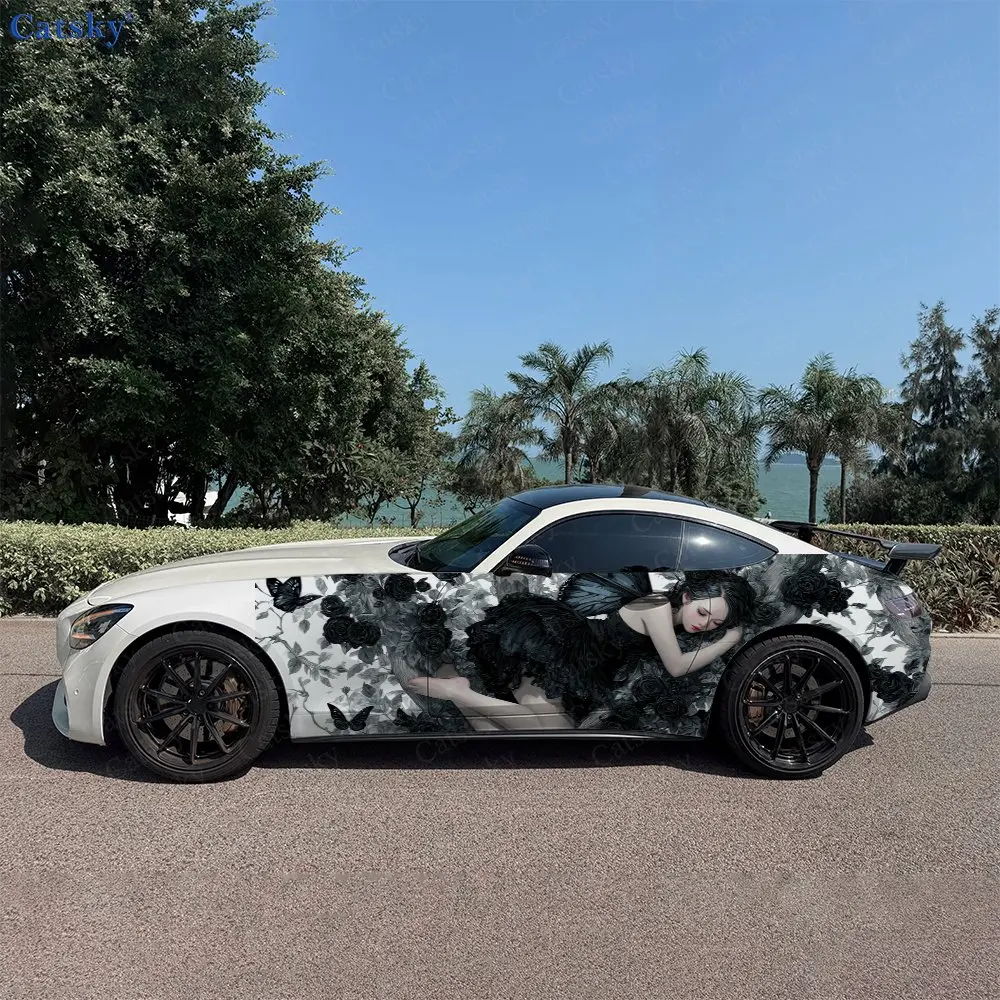 

2pcs Black Butterflies Surrounded Girl Car Side Wraps, Self-Adhesive PVC Waterproof & Scratch-Resistant Stickers, Car Accessory