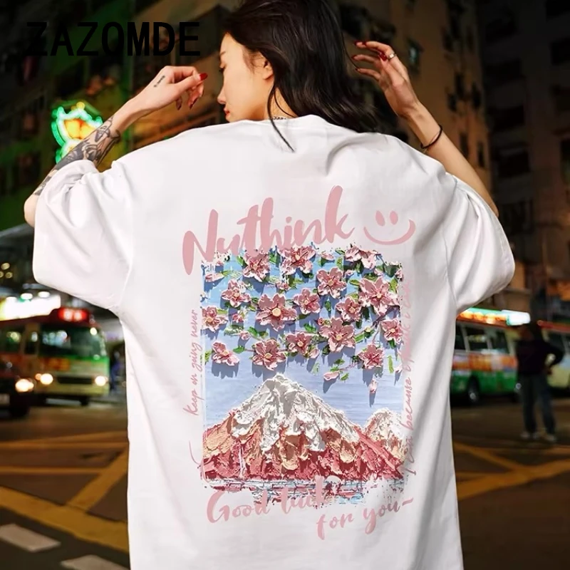 ZAZOMDE Man 100% Cottom Summer 260g T Shirts Cherry Blossom Snow Mountain Streetwear Printed Tees Casual Short Sleeve Tops