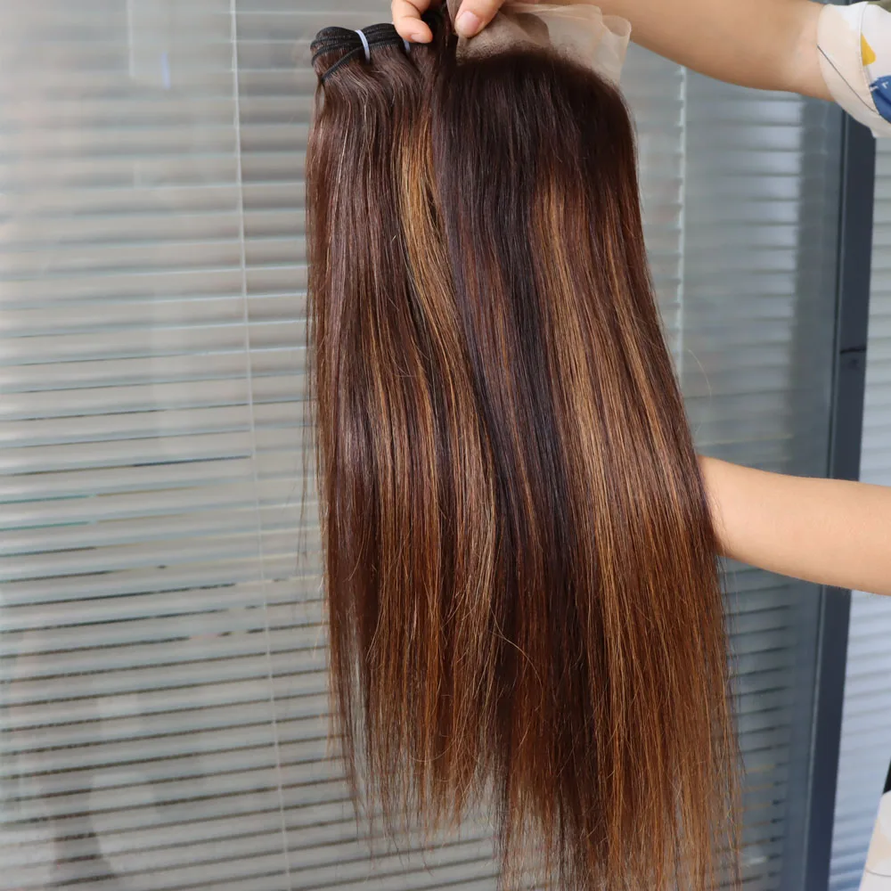 الجملة البرازيلي الإنسان عذراء الشعر لحمة حزم مستقيمة مع تسليط الضوء الأمامي إغلاق الدانتيل # 2 بني # 30 أشقر