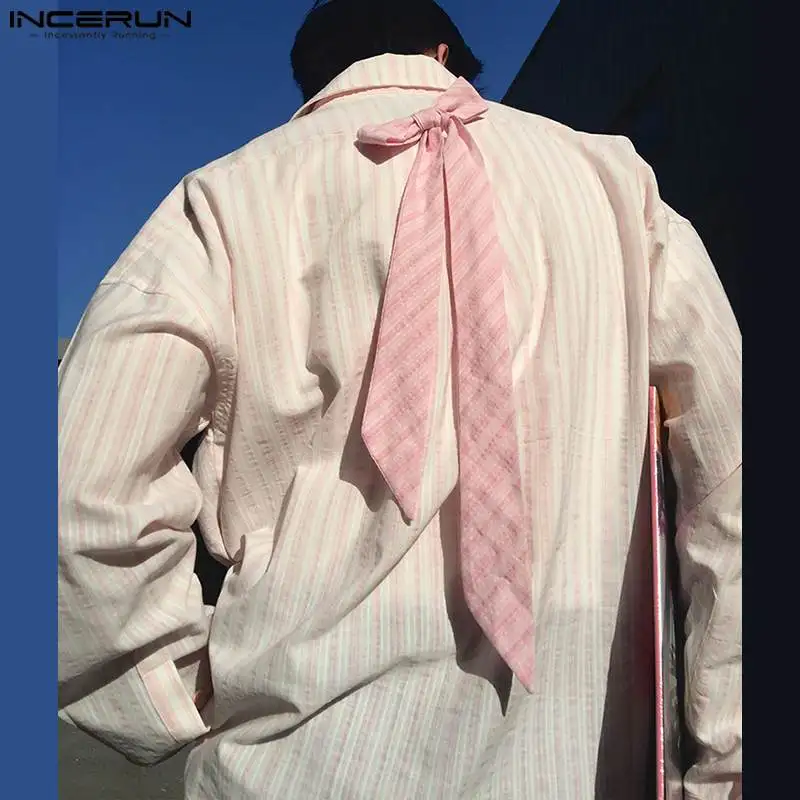 INCERUN Men Shirt Striped Patchwork Lapel Long Sleeve Loose Korean Men Clothing Streetwear 2024 Fashion Casual Male Shirts S-5XL