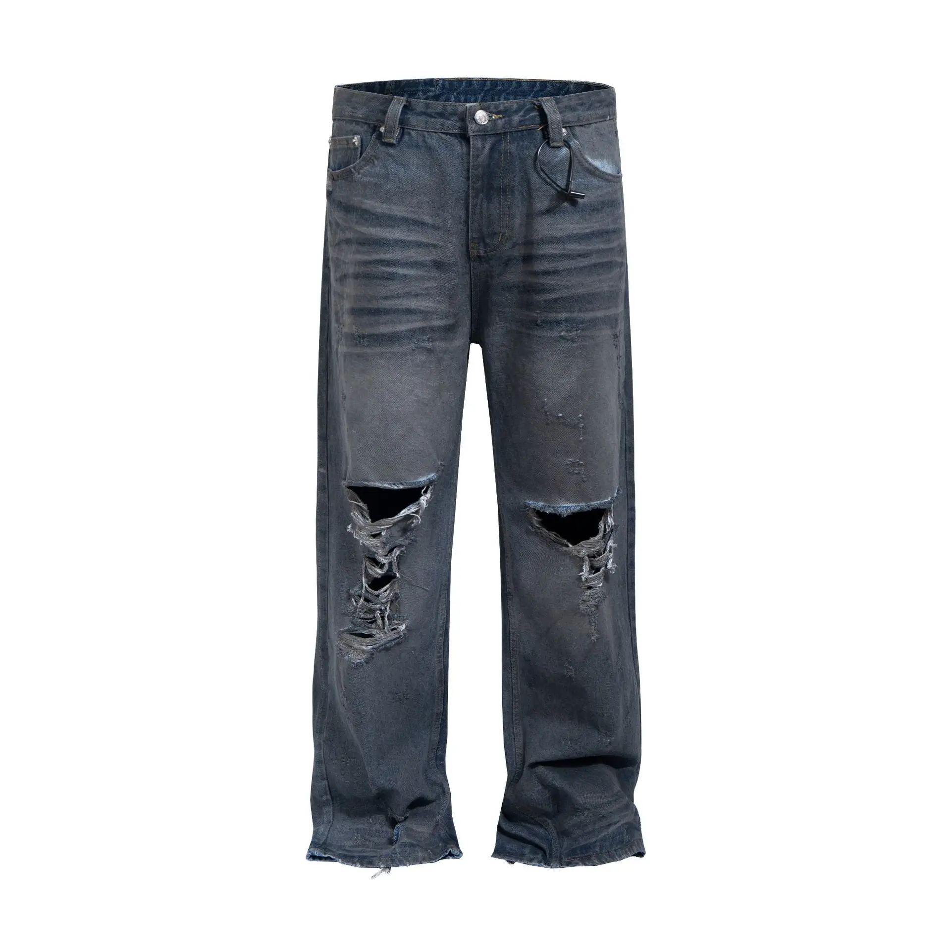 

European & American Destroyed Mud-dyed Straight Leg Jeans 2026 Spring Hip Hop High Street Ripped Hole Pants for Men and Women