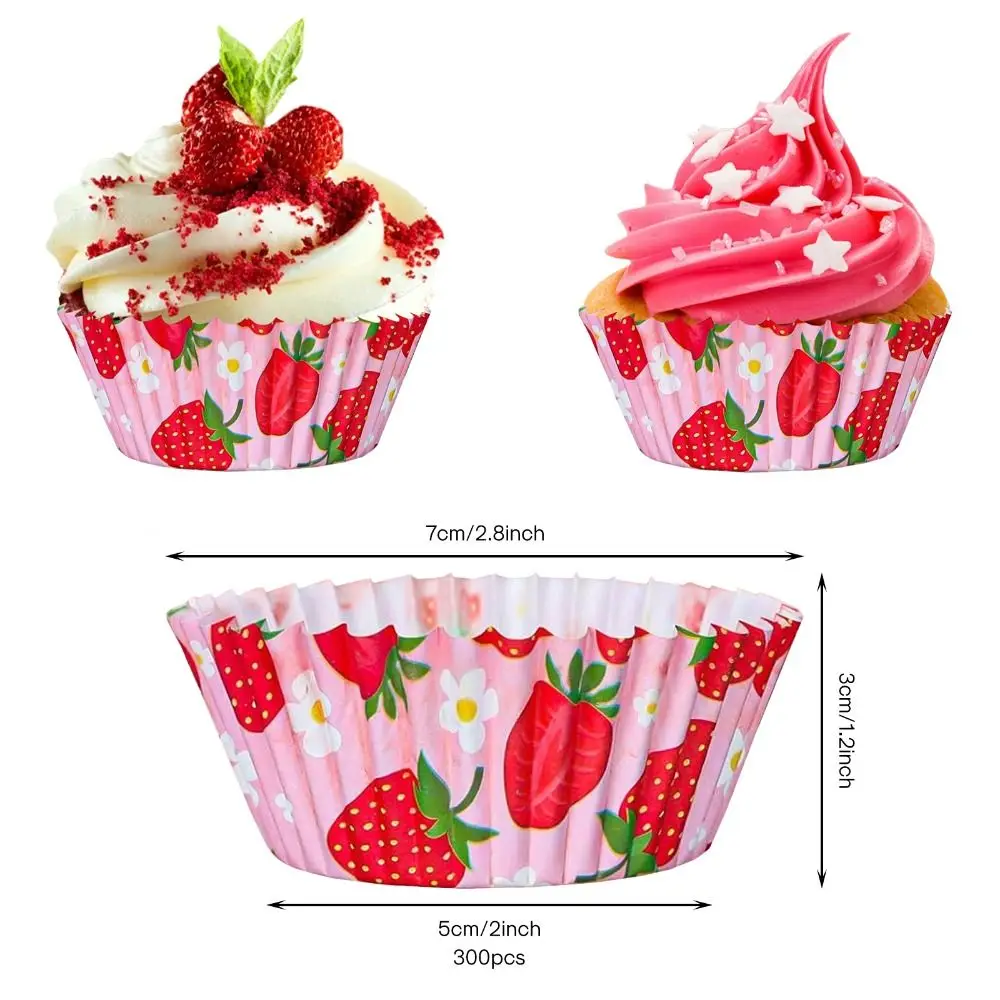 300PCS Pink Strawberry Cupcake Liners Summer Fruit Theme Paper Cups Strawberry Cupcake Toppers Standard Cupcake Liners Bulk